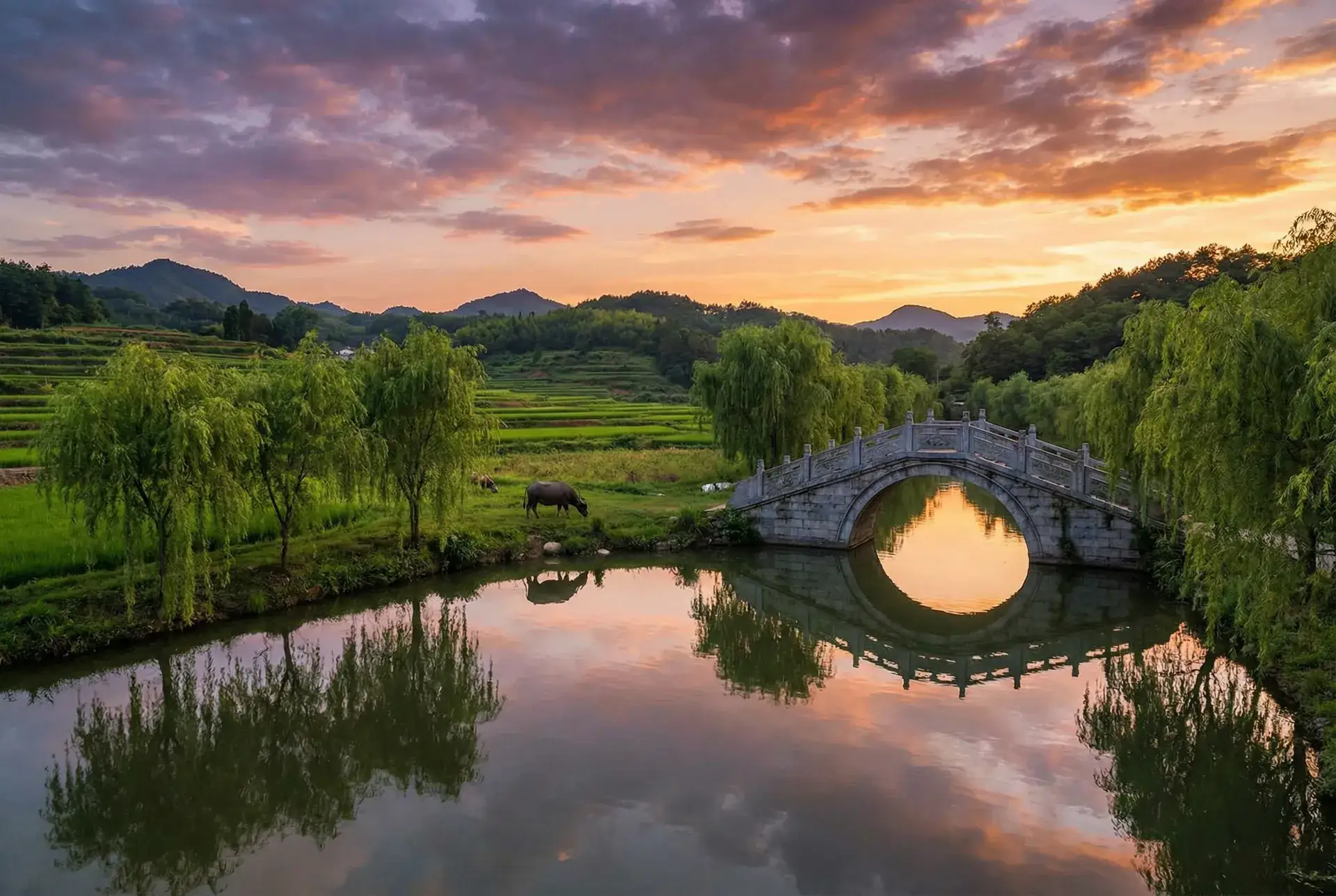 夕阳下的石拱桥与垂柳，水牛在河边吃草 - 魅幽名梓 乡村美景